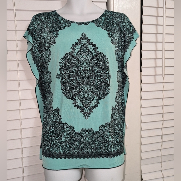 Metaphor Petite Women's Square Sleeveless Boho Turquoise & Black Top EUC Size MP - Picture 1 of 6